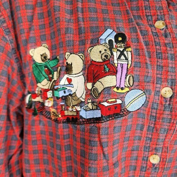 Vintage 90s Christmas Button Up Shirt Womens Size M Red Plaid Teddy Bears Denim - Picture 2 of 7